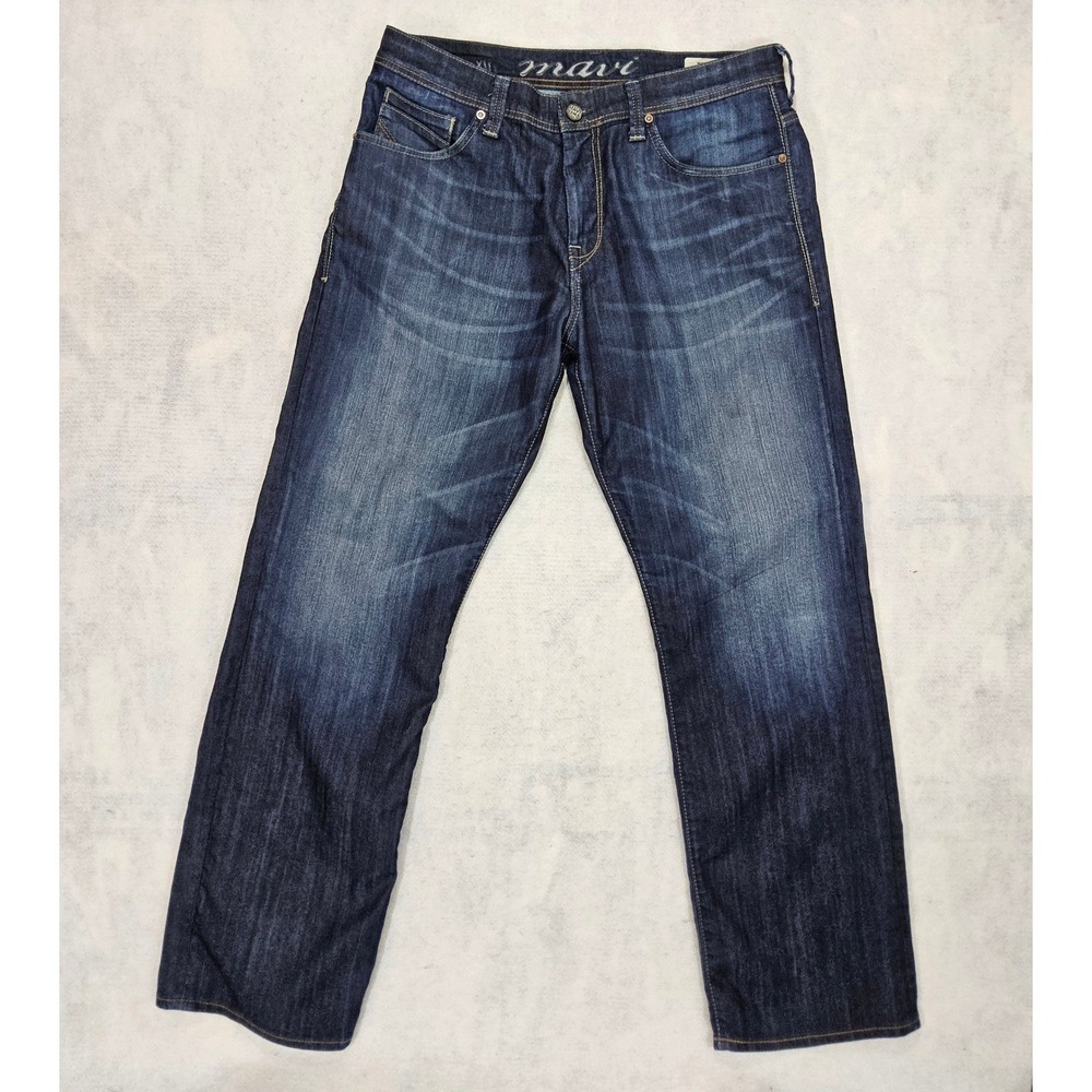 Mavi Jeans Matt Men 34x32 Whisker Dark Blue Mid-Rise Bootcut Relaxed Straight